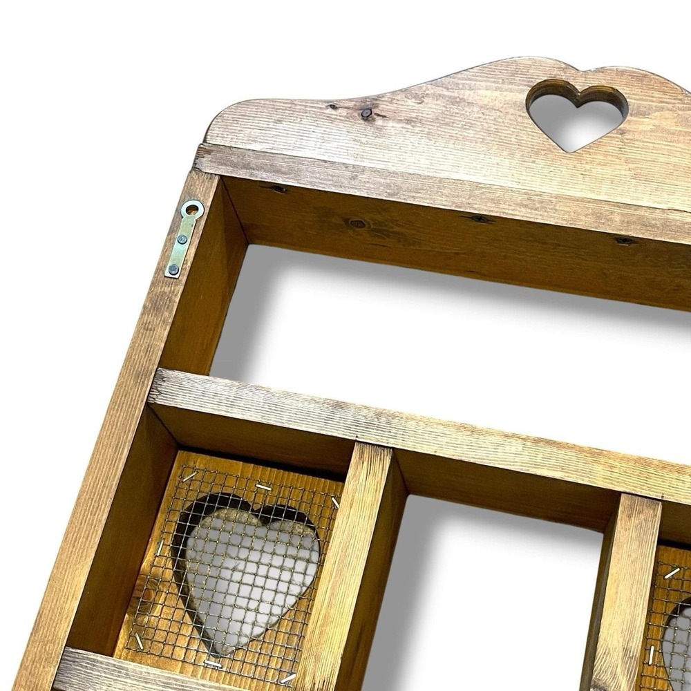 Cottagecore Rustic Primitive Wooden Heart Wall Cabinet Shelf Chicken Wire Doors - Picture 14 of 16